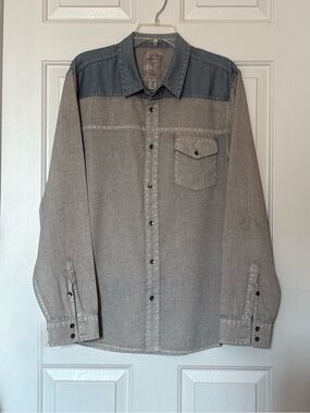 Guess Men's Color Block Chambray Grey & Blue Washed Denim Shirt Size Large